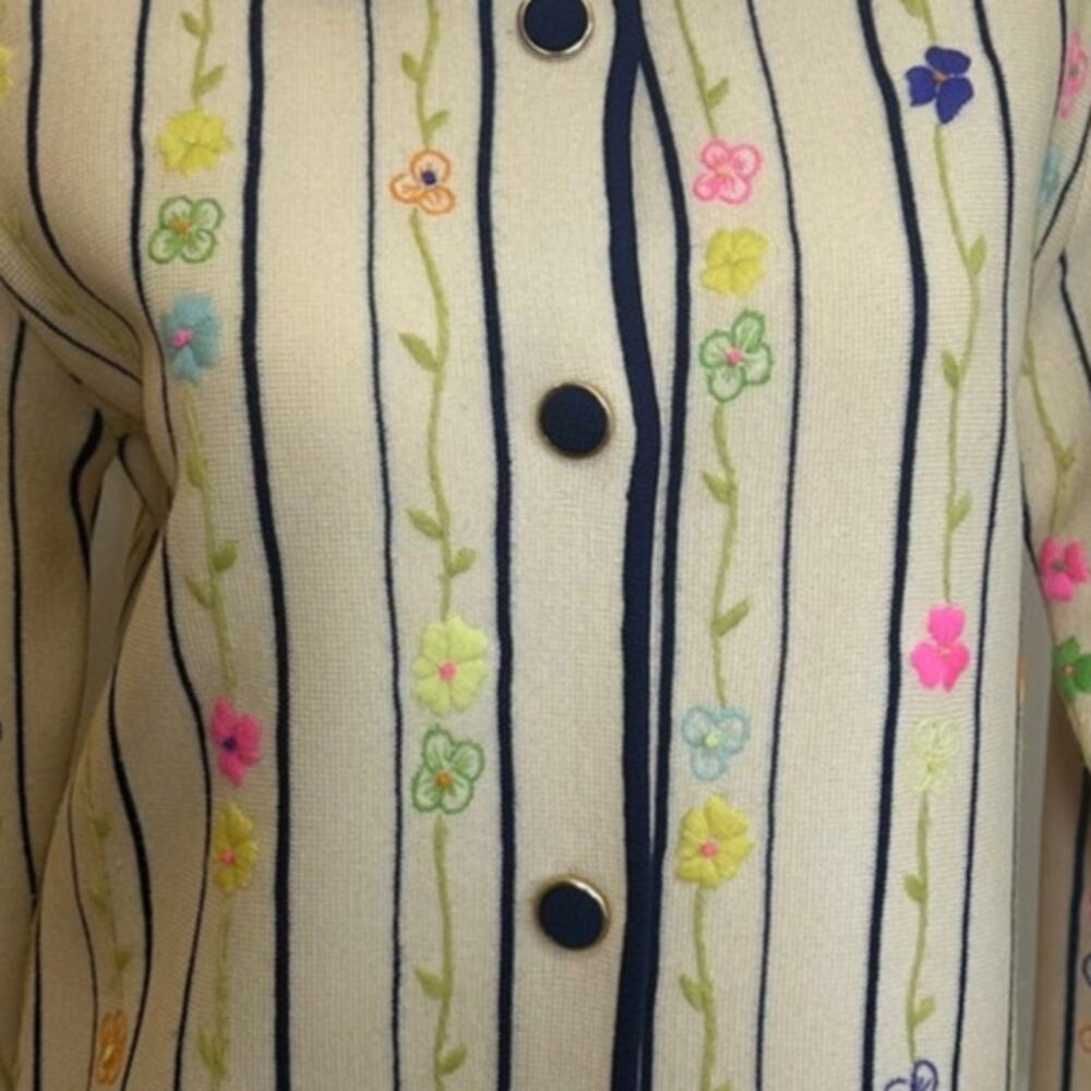 Vintage 60s Puccini Wool Embroidered Floral Stripe Cardigan Mod Preppy Size 8 - Picture 7 of 9